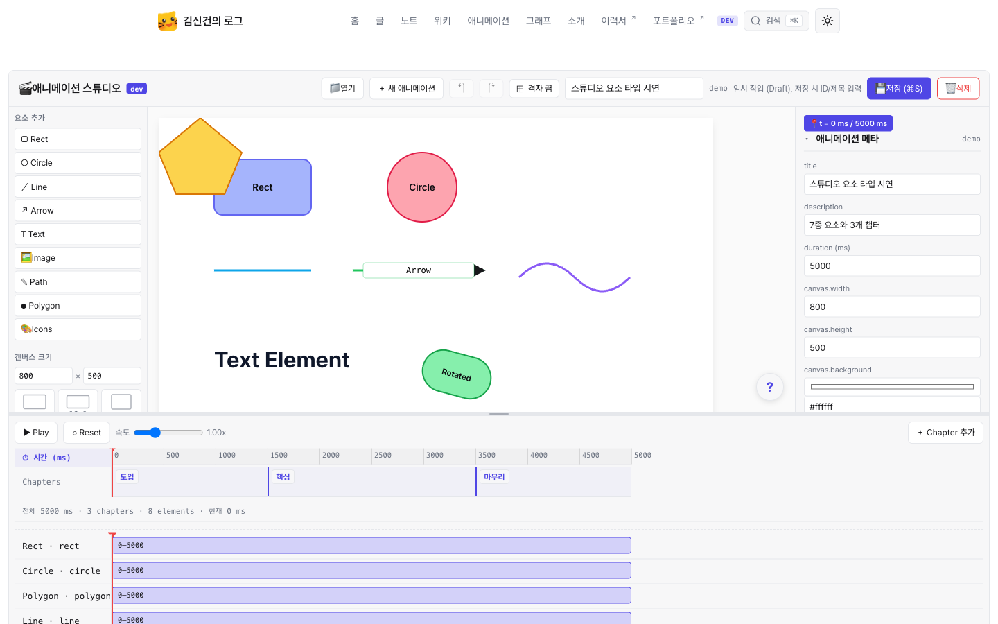 애니메이션 스튜디오 메인 화면, 캔버스에 8종 요소(Rect, Circle, Polygon, Line, Arrow, Path, Text, Rotated)가 배치되고 타임라인에 도입·핵심·마무리 3개 챕터, 요소별 트랙이 정렬